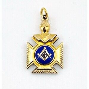 Vintage Gold Filled Masonic Charm Blue Enamel Square Compasses Pendant